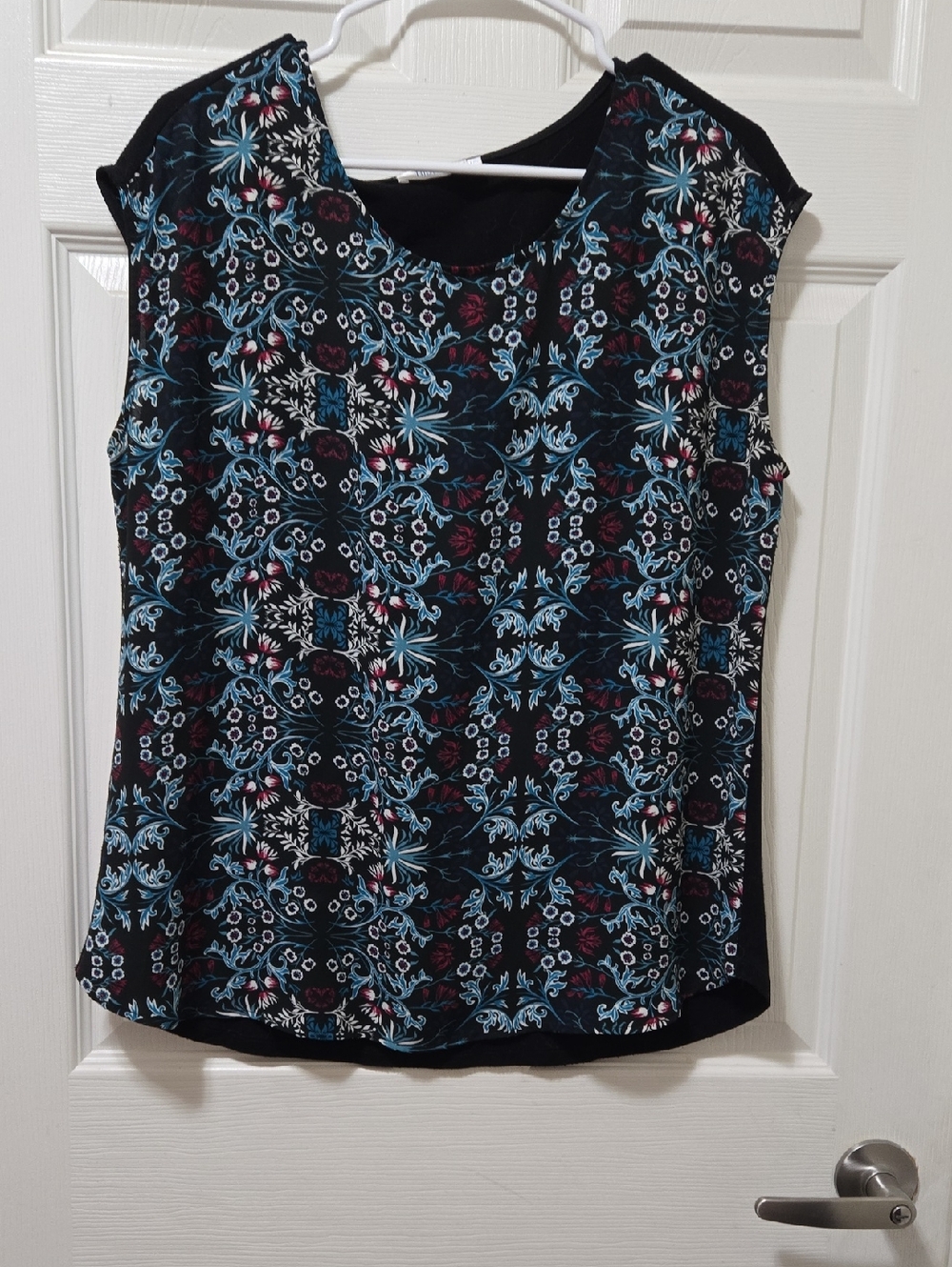Ricki's Black Floral-Print Cap Sleeve Top with Blue and Burgundy Accents